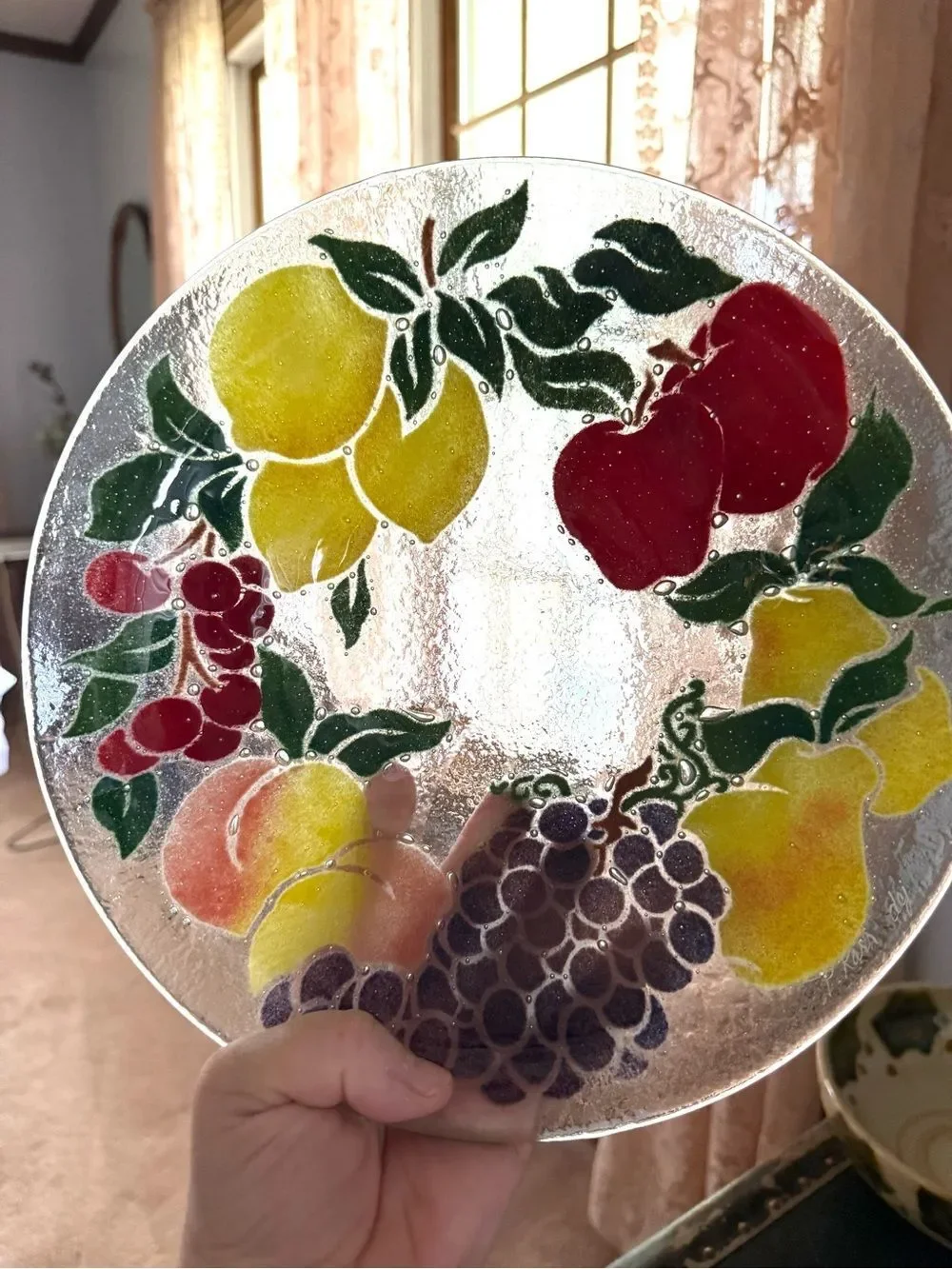Peggy Karr Round FRUIT Fused Art Glass Bowl Signed